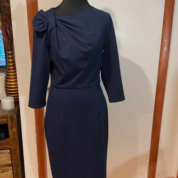 VFSHOW Navy Blue Pleated Asymmetric Bow Neck Pencil Sheath Dress - Picture 2 of 5
